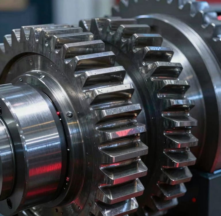 Extreme close-up on heavy-duty industrial gears, high-contrast cool lighting with subtle red ambient accents, showing pristine steel teeth and mechanical alignment.