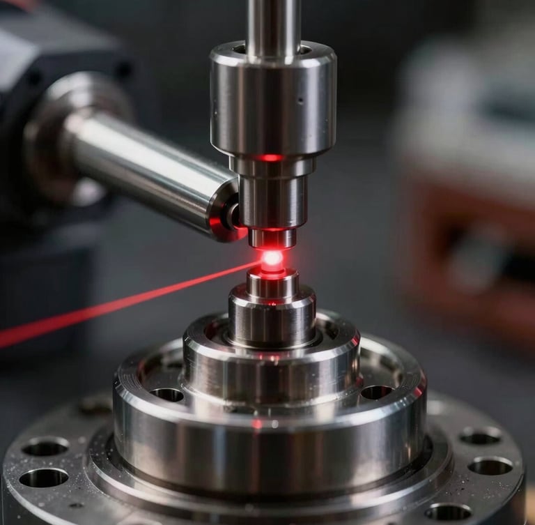 Macro view of a laser alignment tool measuring a drive shaft coupling, red laser line reflecting off the polished steel, dark industrial background.