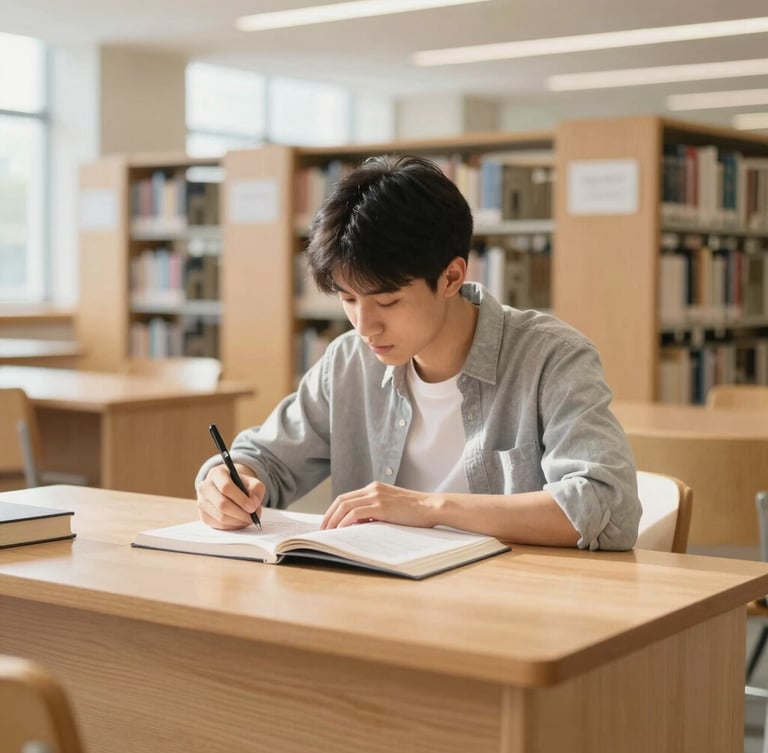 A focused student studying at a clean wooden desk in a modern, bright library with soft natural daylight and bookshelves in the background.