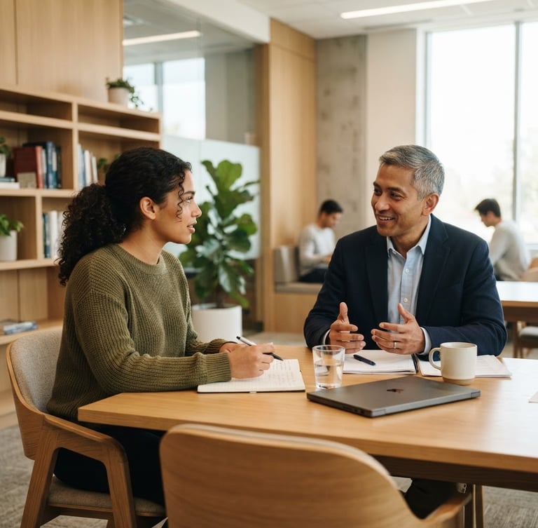 A focused student practicing an interview with a professional advisor in a bright, modern study room with warm oak accents, natural daylight streaming in.