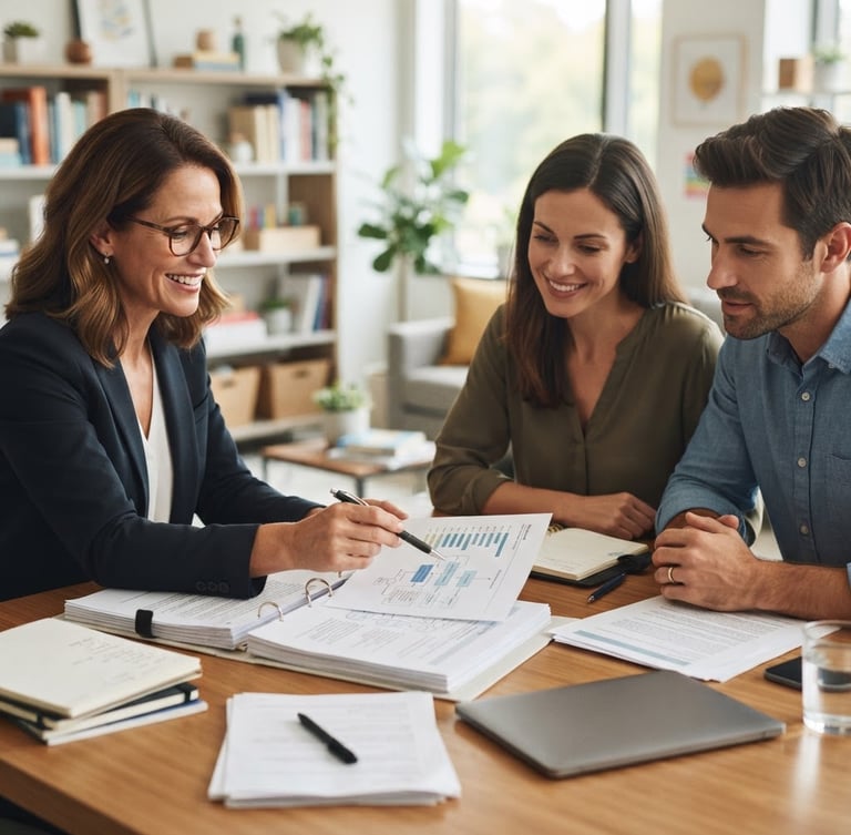 A professional educational advisor and parents reviewing structured curriculum documents together in a bright, modern office with soft natural daylight.
