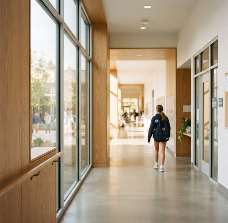 A bright modern school corridor with clean architectural lines, soft natural daylight streaming through large windows, shallow depth of field, warm editorial photography.