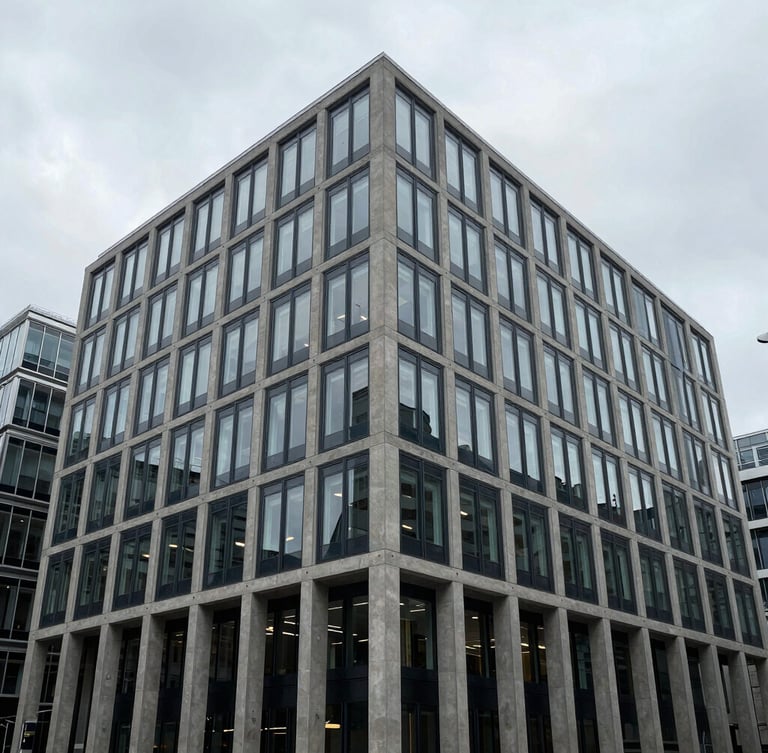 Wide-angle architectural shot of a modern concrete and glass office building in London under overcast daylight, sharp focus, desaturated slate and navy tones, 35mm.
