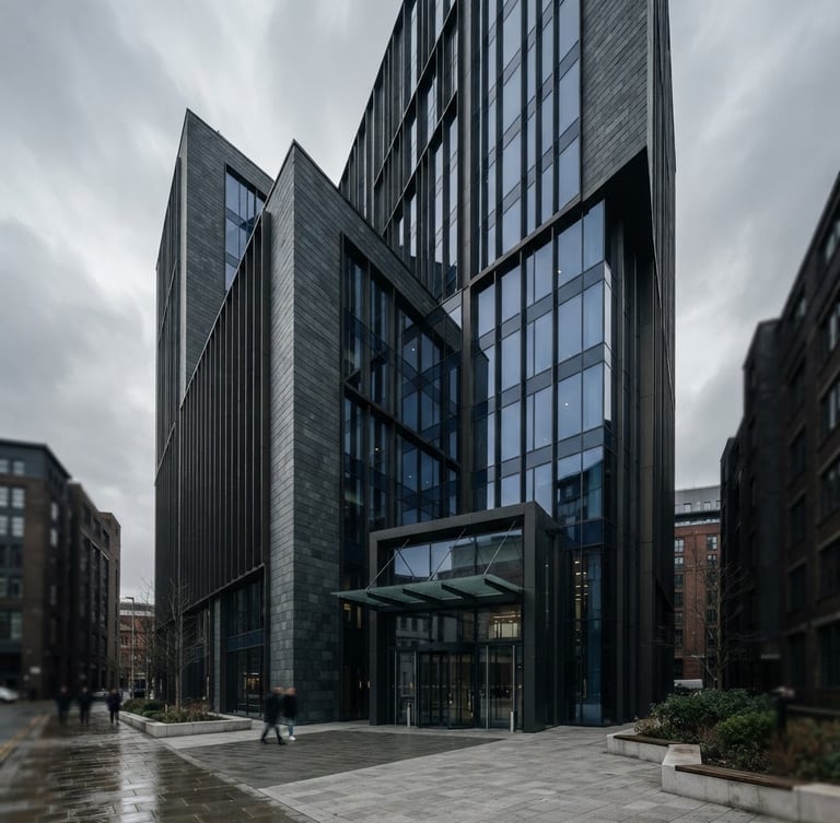 Cool architectural photography of a modern UK commercial office building, overcast daylight, desaturated slate and navy tones, sharp focus, 35mm
