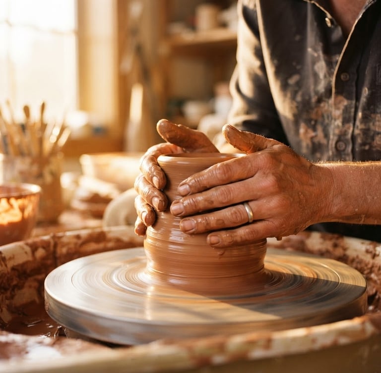 Close-up of potter's hands shaping wet terracotta clay on a spinning wheel, warm golden-hour window light, water droplets and clay texture visible, shallow depth of field, 35mm