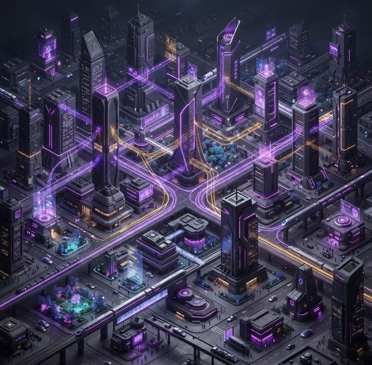 Sleek isometric 3D render of a futuristic Indonesian smart city, glowing royal purple and gold data streams connecting skyscrapers, clean dark grey tech aesthetic, cinematic lighting.