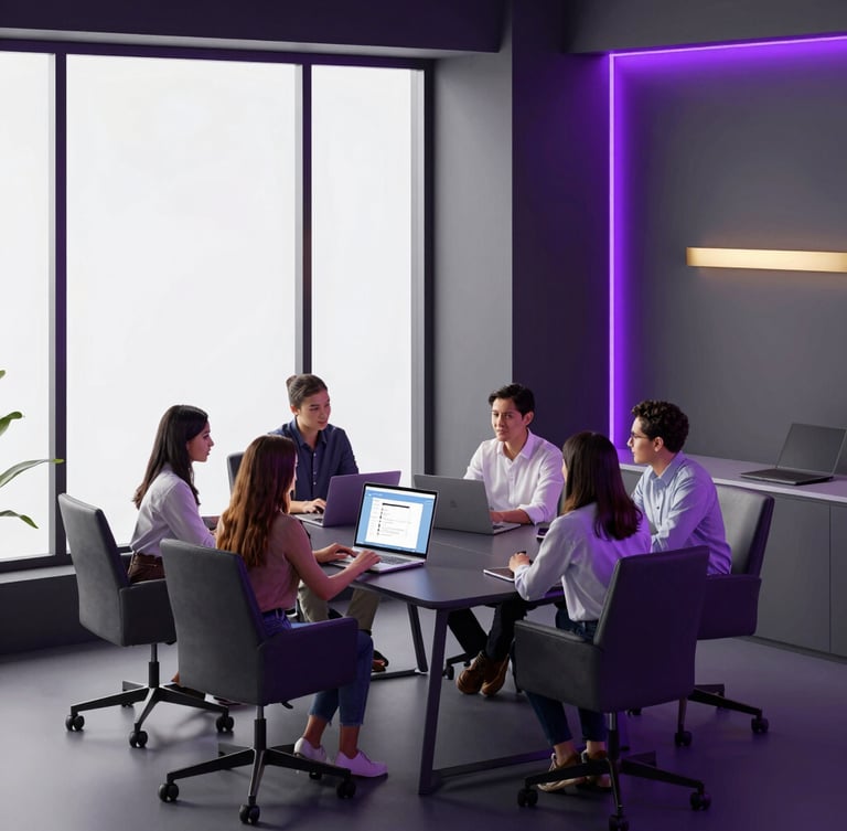 Modern collaborative open workspace in Jakarta, natural window light mixed with subtle royal purple neon accents, professional Indonesian tech team discussing around a table, futuristic 3d render style