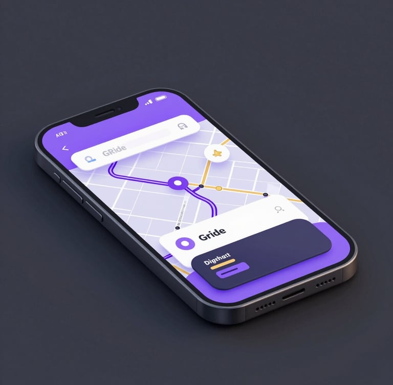 Futuristic mobile app mockup of GRide interface displaying transit maps and digital wallet, neon purple glowing screen, dark grey background, 3d render