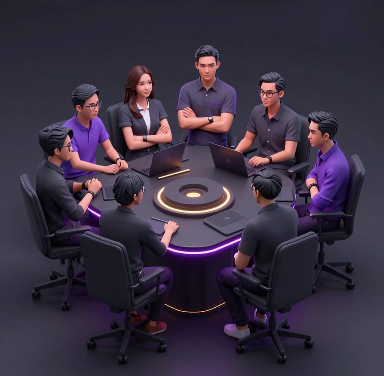 Professional portrait of Indonesian tech founders collaborating in a modern high-tech studio, ambient purple and gold neon highlights, dark grey background.
