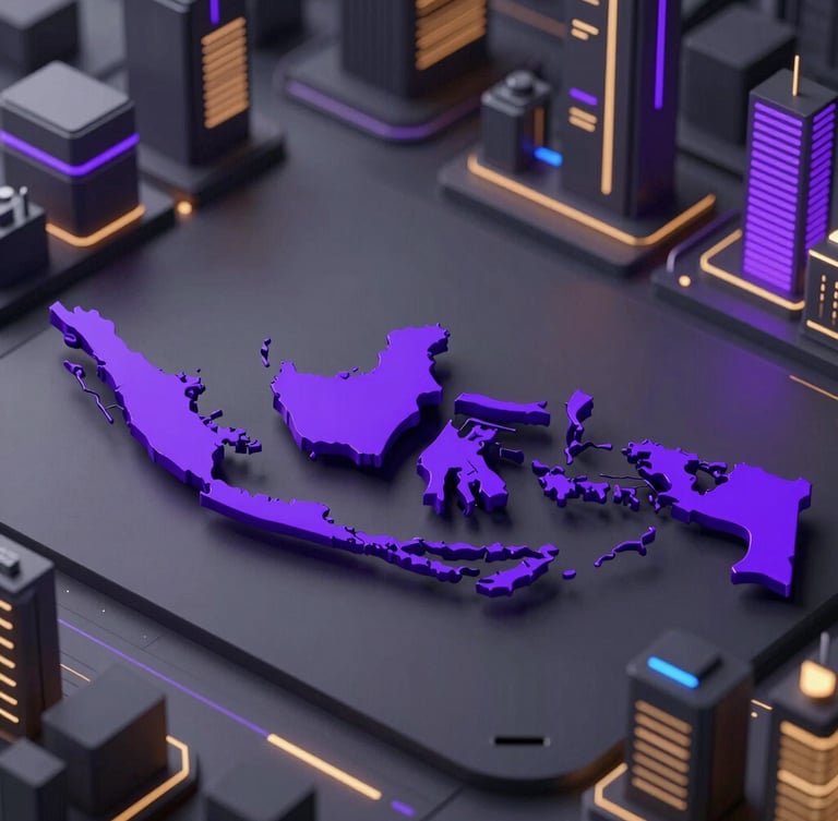Sleek futuristic 3D render of a smart city dashboard overlaying a stylized map of Indonesia, neon royal purple and gold ambient lighting, clean isometric perspective, high-tech enterprise interface.