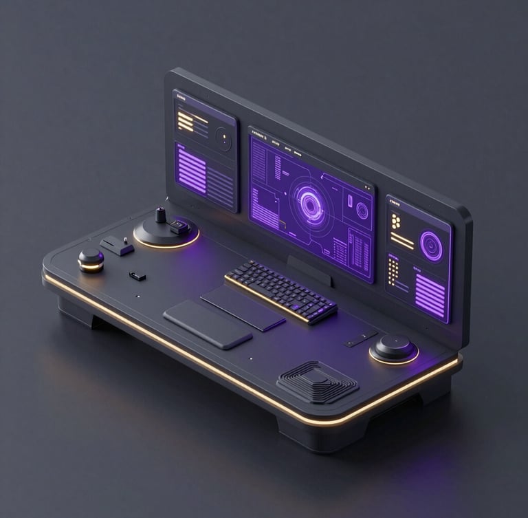 Futuristic 3D render of a high-tech enterprise dashboard, sleek dark grey tech aesthetic, neon purple and gold ambient lighting, clean isometric perspective.
