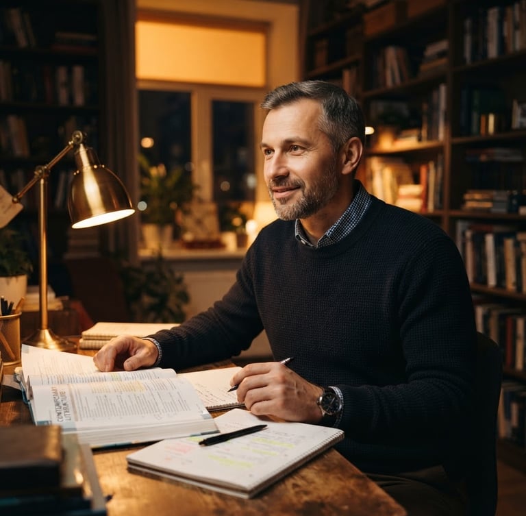 Vladimir, a male educator in his 40s, with a warm, professional demeanor, in a cozy home office at night, soft glow from a desk lamp on an open English textbook, shallow depth of field, 35mm, deep navy and amber tones, looking thoughtfully towards the left side of the frame.