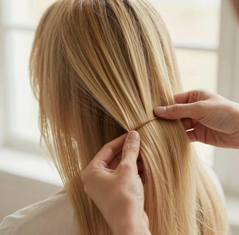 Close-up of stylist's hands gently sectioning beautifully blended hair extensions, warm natural window light, elegant soft tones, shallow depth of field.