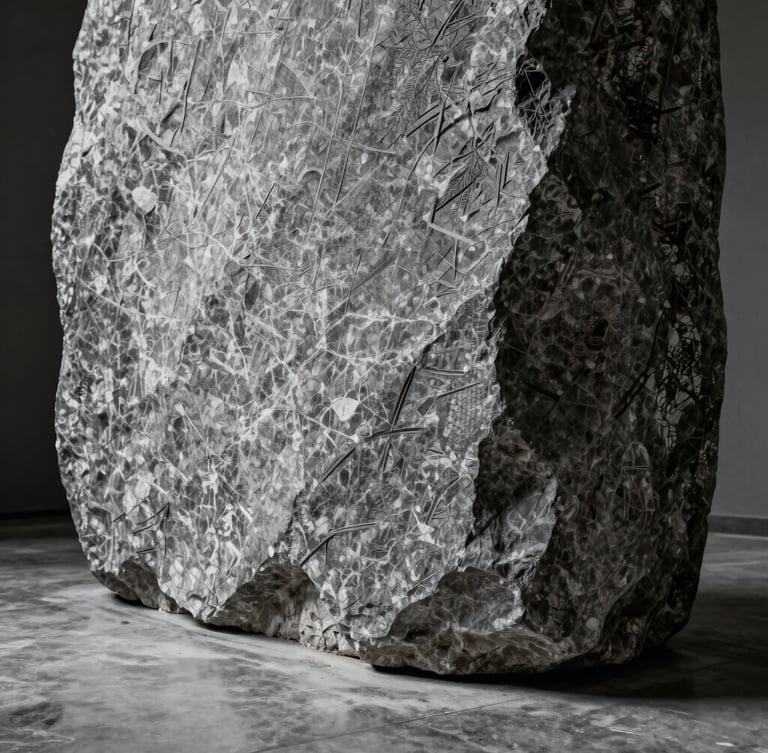 Vertical portrait of a massive graphite-toned stone monolith standing on a polished concrete floor, extreme low angle emphasizing monumental scale, strong side-light carving out chisel marks.