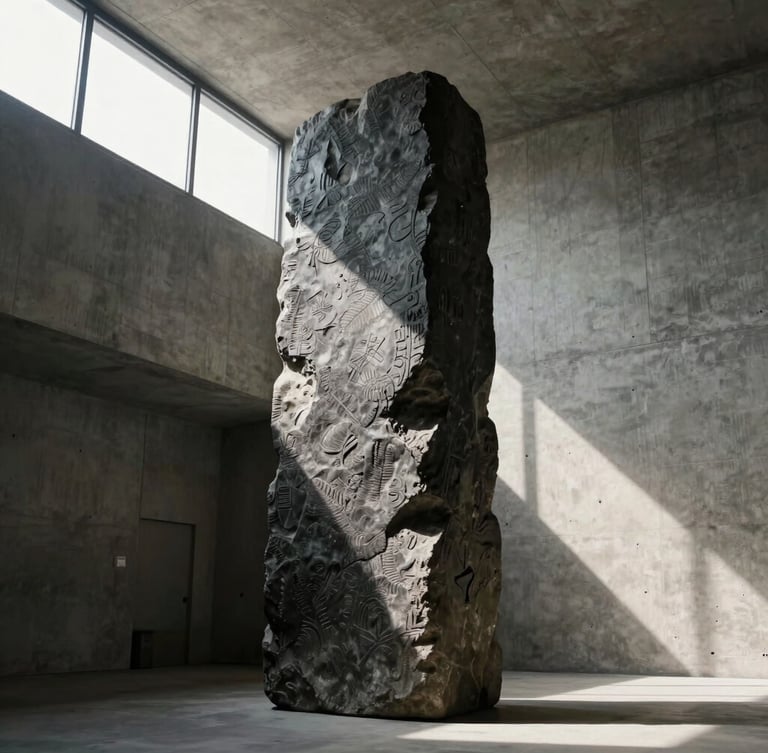 Low-angle monumental shot of a dark, textured stone sculpture standing in a raw concrete architectural hall with dramatic side-light from a high window casting long shadows.