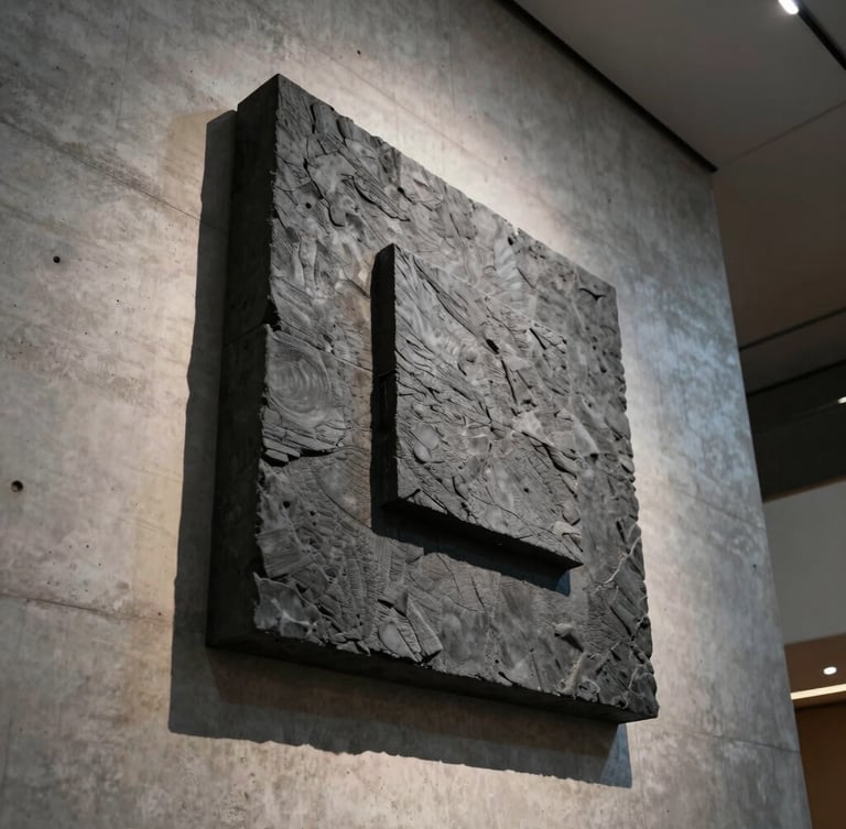 Low-angle monumental shot of a charcoal-gray textured wall sculpture mounted on a raw concrete wall, dramatic single-source natural side-light casting deep shadows, warm brutalist museum setting.