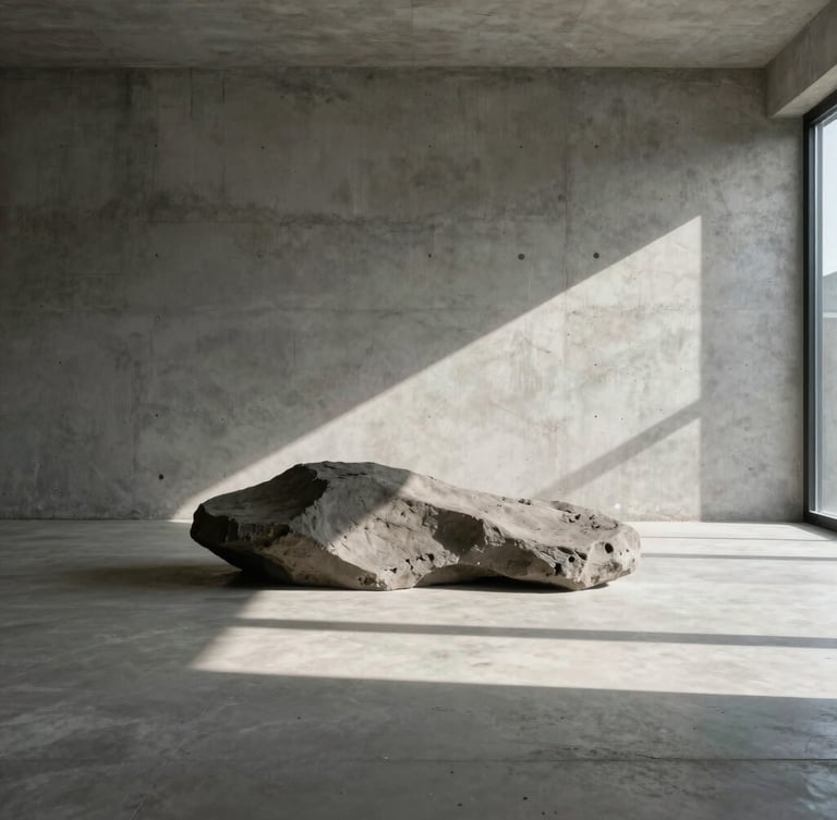 Low-angle architectural shot of a minimalist concrete living room, a large-scale clay floor sculpture projected near a raw plaster wall, dramatic natural side-light casting long shadows.