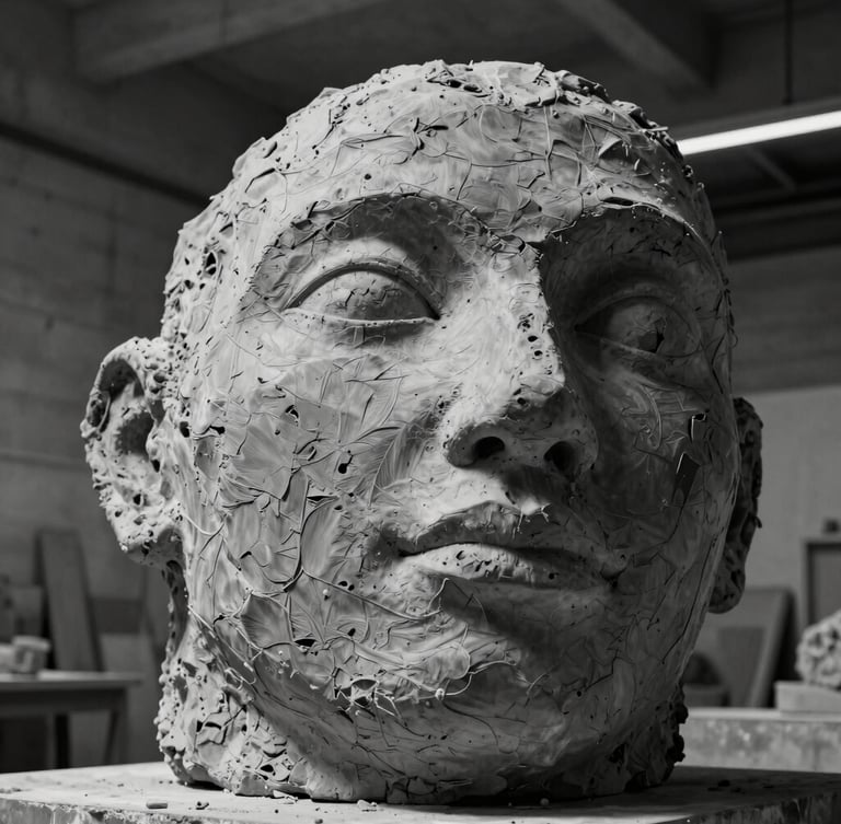 Low-angle monumental black and white shot of a massive raw clay sculpture in a concrete studio, dramatic side light carving deep textures.