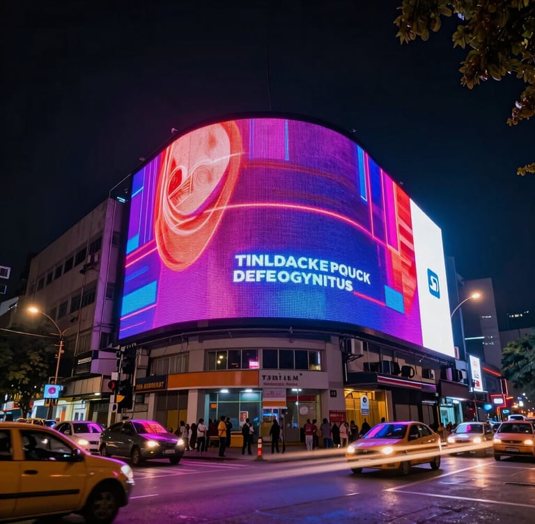 Low-angle heroic perspective of a massive digital billboard at a busy Bangalore intersection at night, vibrant neon glow, moving traffic light trails.