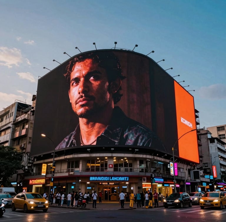 Low-angle heroic perspective of a massive digital billboard in a bustling Mumbai intersection, vibrant evening neon lighting, rich saturated tones, cinematic wide-angle.