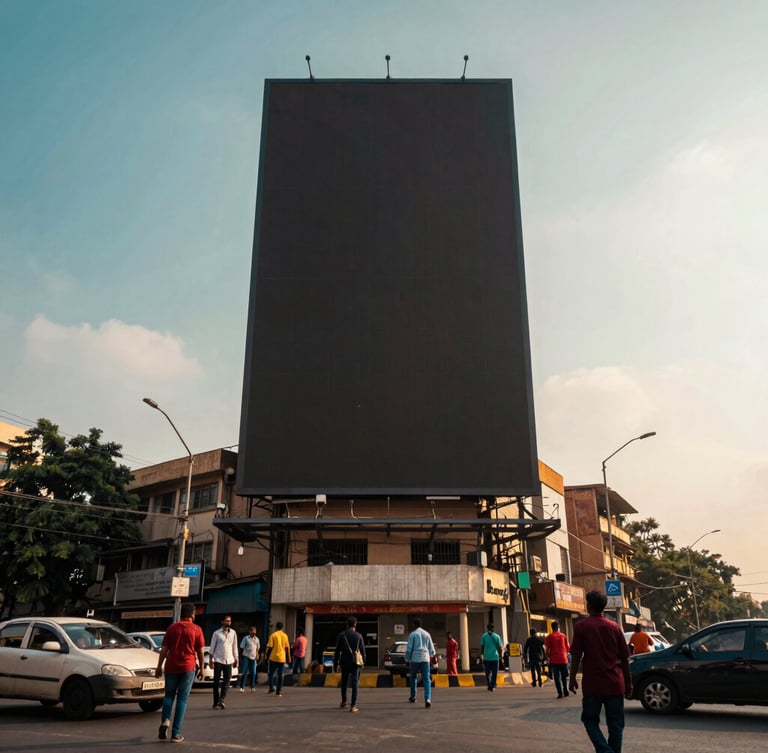 Low-angle heroic perspective of a massive high-impact billboard at a crowded Bangalore intersection, vibrant golden hour light, real human engagement below, cinematic editorial photography