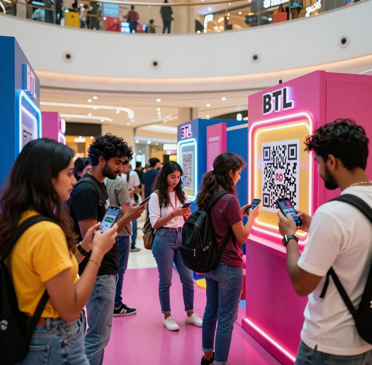 A vibrant BTL pop-up experience in a Bangalore mall, featuring modern neon-lit interactive displays, young Indian consumers scanning QR codes with smartphones, high-contrast cinematic lighting.