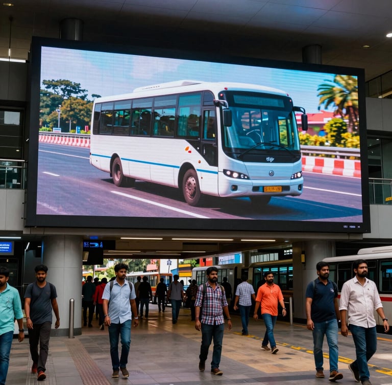 Wide-angle environmental shot of a vibrant transit hub in Bangalore, showcasing a massive illuminated digital screen displaying a sleek modern vehicle, real commuters walking past.
