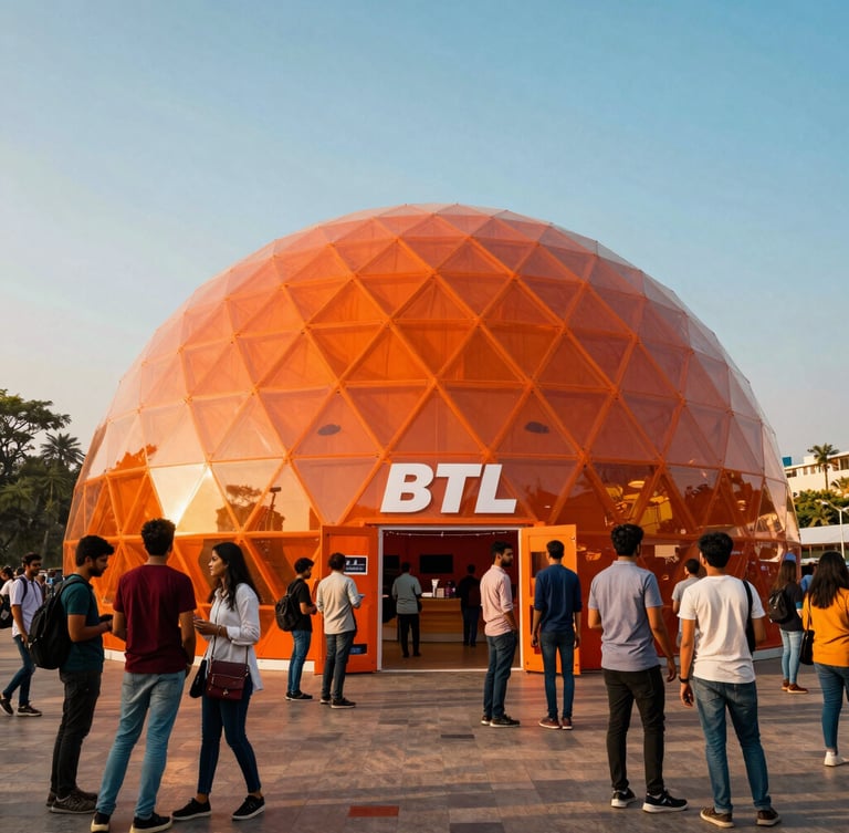 Low-angle heroic wide shot of a massive vibrant BTL experiential marketing dome in a bustling Mumbai tech park, modern Indian youth interacting, dramatic golden hour lighting, rich saturated tones.