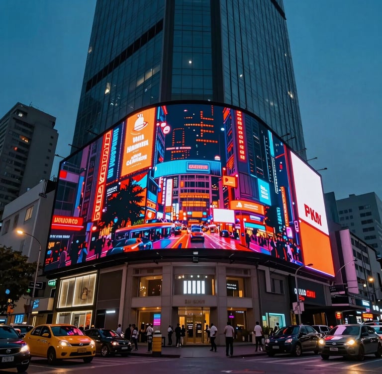 Low-angle heroic perspective of a massive digital billboard in a bustling Mumbai intersection, vibrant neon night-scapes reflecting on modern glass buildings.