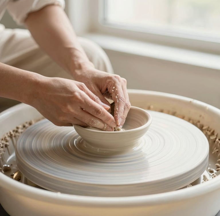 Hands of a master craftsman gently shaping a white porcelain plate on a pottery wheel, soft natural light, warm cream tones, shallow depth of field