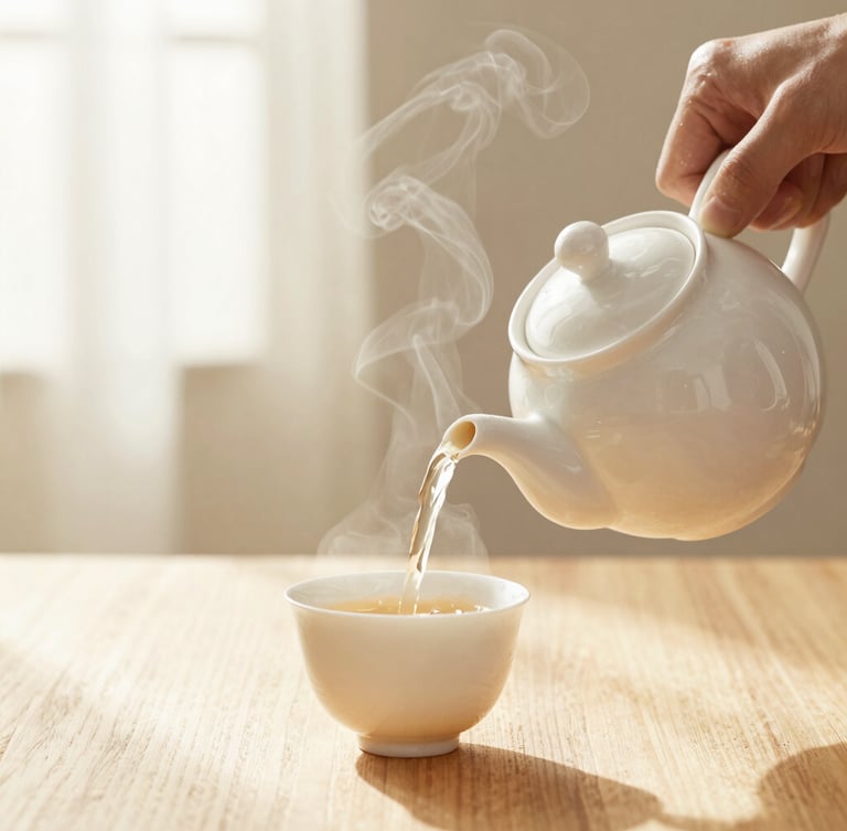 Hands carefully pouring herbal tea from a white porcelain teapot into a matching cup, soft steam rising in warm morning light