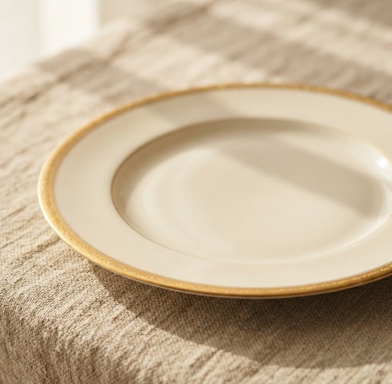 Macro shot of a luxury porcelain plate with delicate gold rim, resting on raw textured beige linen, soft morning sunlight casting elegant shadows