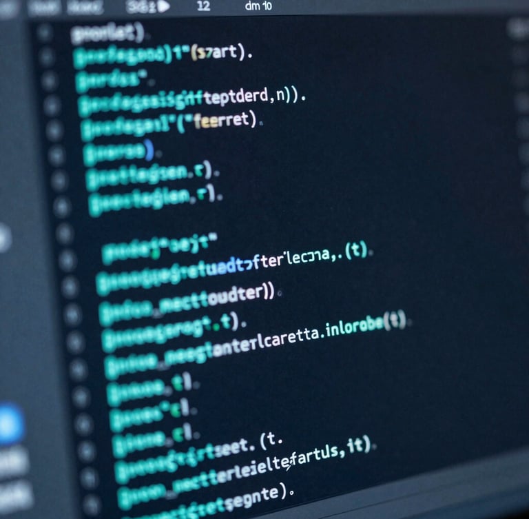 Macro close-up of a high-resolution code editor displaying clean, structured code with subtle neon cyan backlighting, cool-toned dark studio atmosphere, 35mm lens.
