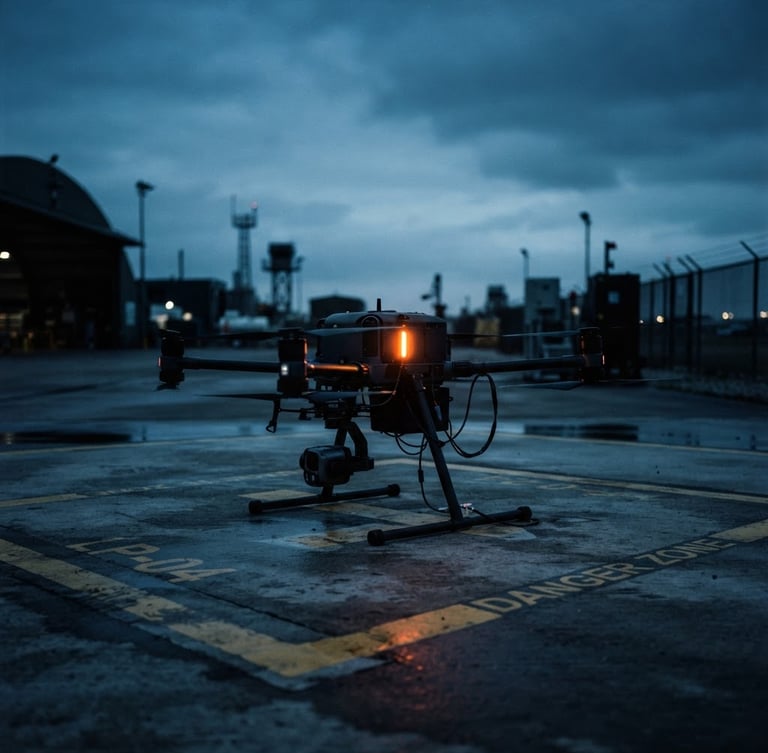 Low-key cinematic tactical photo of an industrial drone on a launchpad at dusk, cool blue and slate tones, sharp orange status light.