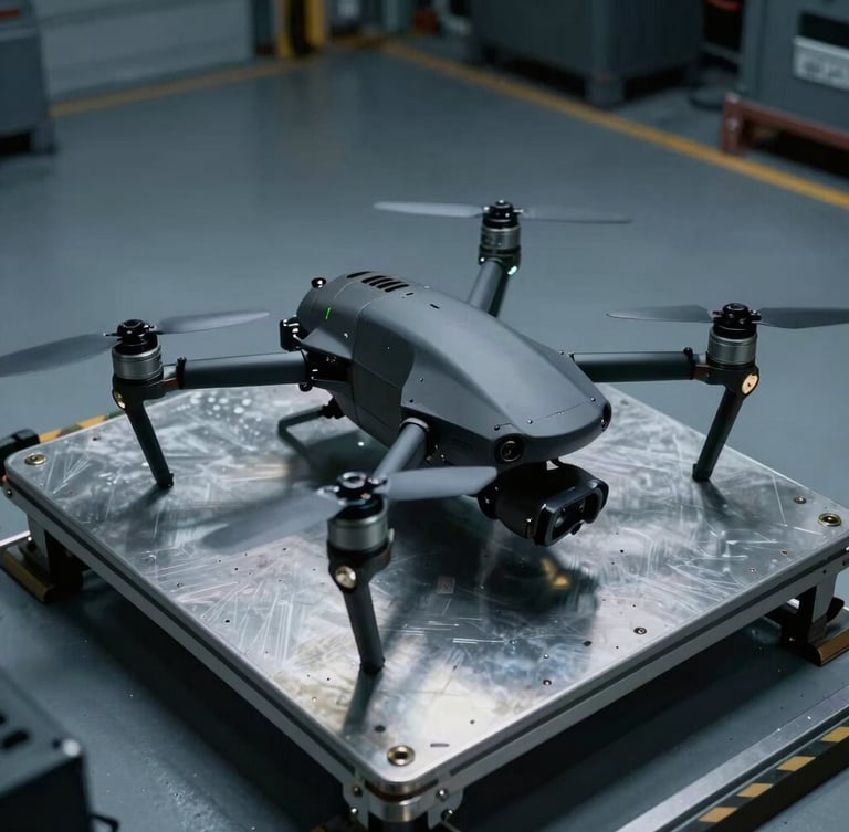 High-end industrial drone resting on a metallic launchpad inside a secure facility, sharp technical details, cool low-key blue and slate lighting, high-contrast.