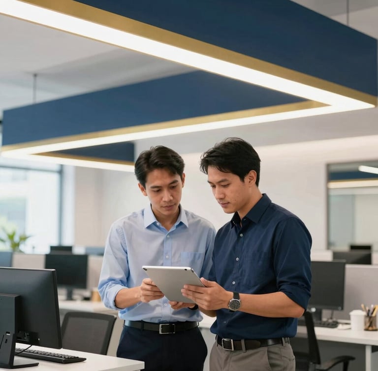 Modern digital workspace in Jakarta, Indonesian professional guiding a local business owner on a tablet, clean architectural lighting, navy and gold tones