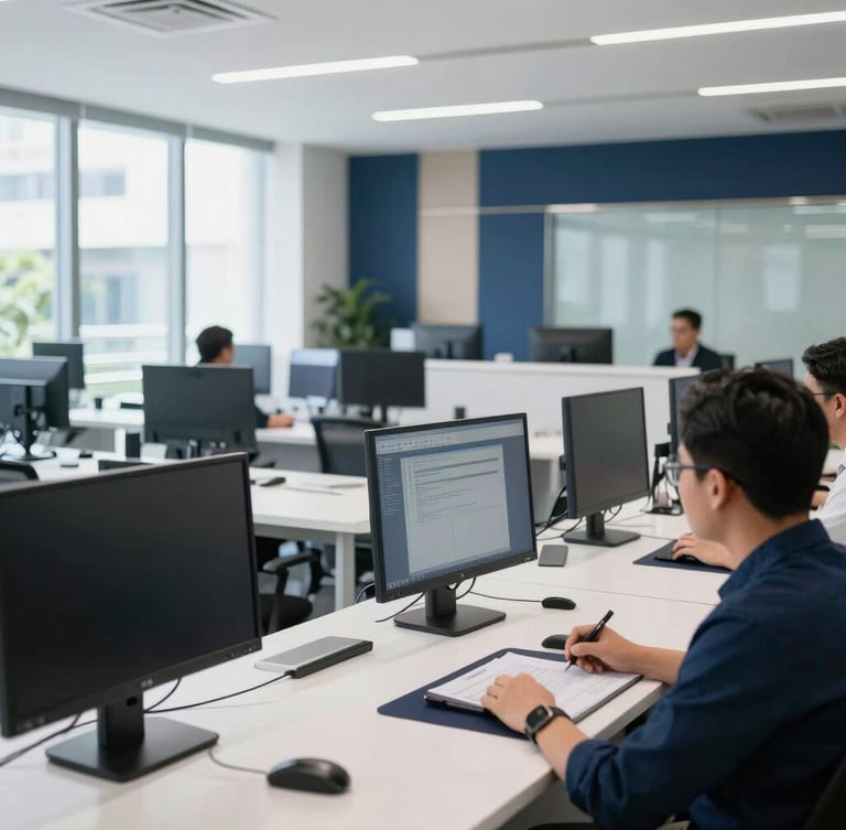 Professional clean training environment, modern digital workspace with structured layout, corporate training session in Jakarta, bright daylight, navy accents