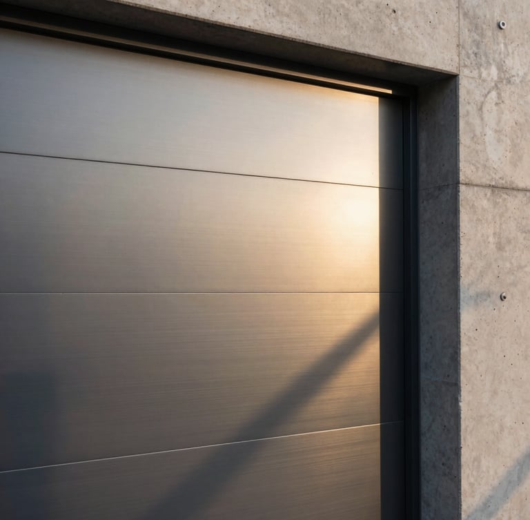 Extreme close-up of a sleek, minimalist brushed steel security gate integrated into a modern concrete wall, sharp geometric shadows, soft warm lighting reflecting on metallic surfaces.