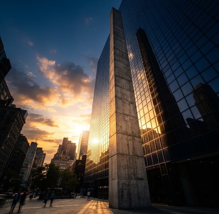 Low-angle architectural perspective of a concrete modernist column reflecting golden hour sunlight on glass facade, deep navy and warm gold tones, editorial architectural photography.