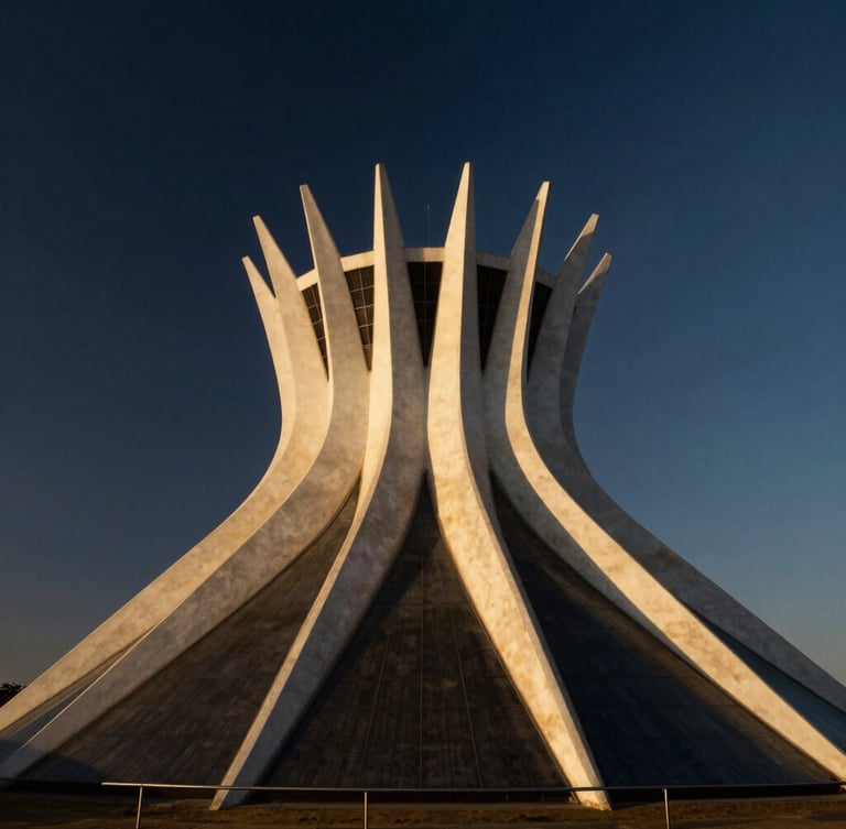 Low-angle architectural perspective of a modernist concrete dome in Brasília, dramatic golden hour shadows casting sharp lines across the clean structure, deep navy sky, minimalist composition