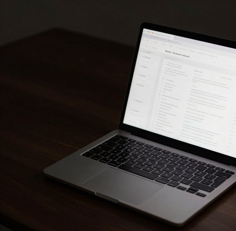 A close-up shot of a sleek laptop screen displaying a clean research interface with data visualizations, soft glowing light casting onto a dark wooden desk, minimalist aesthetic.