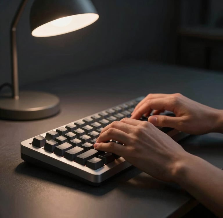 Macro shot of hands typing on a mechanical keyboard, warm ambient glow from a desk lamp, deep charcoal background, clean academic desk setup