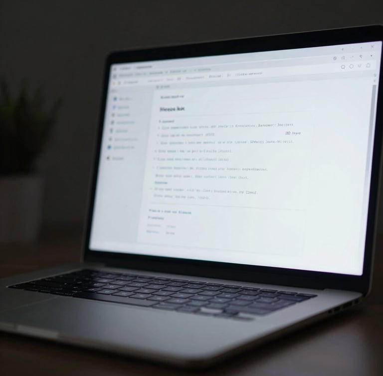 Macro close-up of a glowing laptop screen displaying a clean research interface in a dark room, soft localized light, minimalist workspace setup.