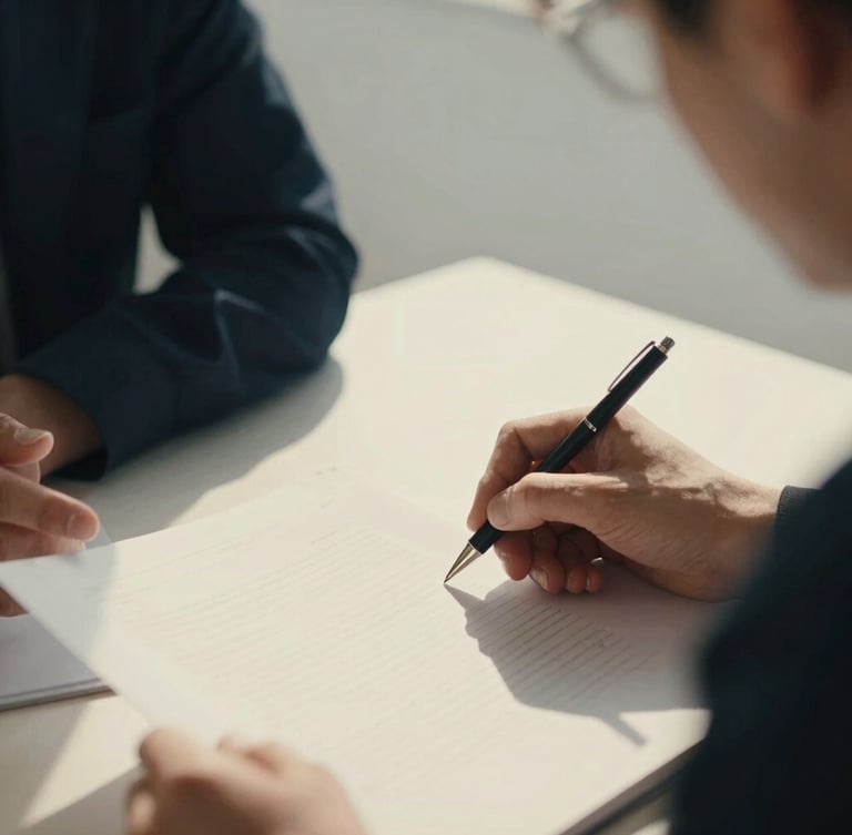 Close-up of a partner in focused, unposed strategic discussion over a structured document, sharp geometric shadows, warm alabaster tones, 35mm.