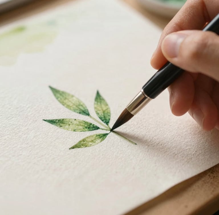 Extreme close-up of hands holding a fine-tip brush, painting delicate green leaves on textured cotton paper, watercolor pooling beautifully on the paper edges, soft warm daylight.