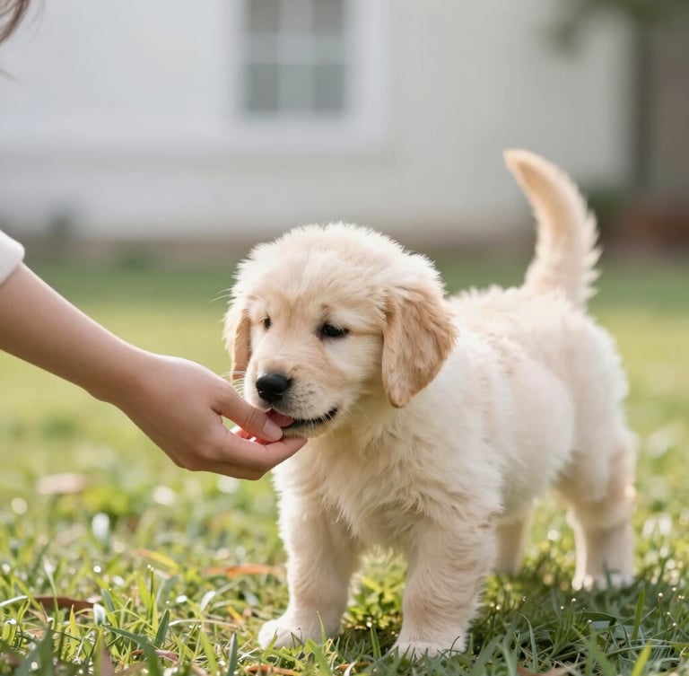 Portrait of a golden retriever puppy gently playing with a human hand in a sun-dappled grassy yard, soft natural window light, shallow depth of field, warm tones.