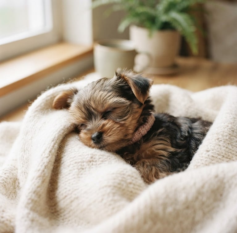 Close-up portrait of a tiny Teacup Yorkie puppy resting comfortably in a warm cream blanket, soft natural window light, shallow depth of field, 35mm.