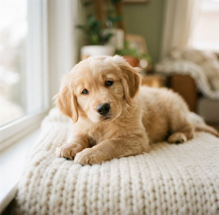 Warm, soft-focus portrait of a Golden Retriever puppy lying on a soft blanket in natural window light, looking gently at the viewer, shallow depth of field, 35mm