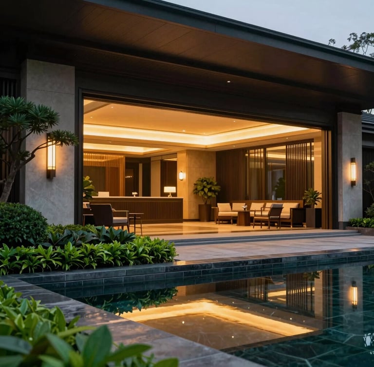 Close-up architectural crop of a luxury clubhouse facade, twilight lighting, warm interior glow reflecting on a dark stone pool, emerald green landscaping accents.