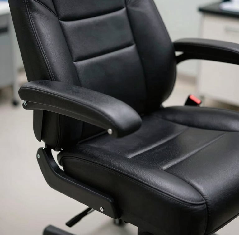 Dettaglio ravvicinato di un estrattore a vapore professionale che igienizza un sedile in pelle scura, illuminazione LED fredda e clinica da officina, inquadratura geometrica precisa.